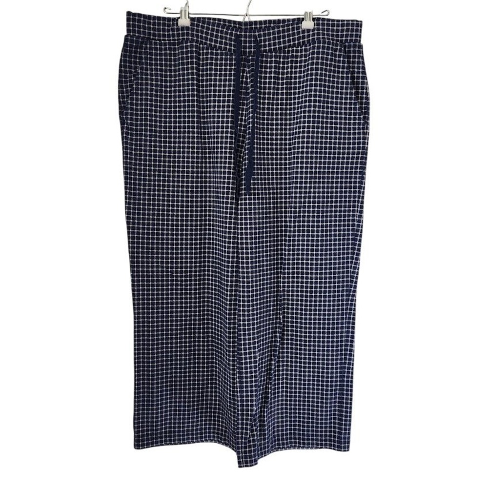Lands End Womens Blue White Grid Print Wide Leg Crop Pants Size L 14-16 182